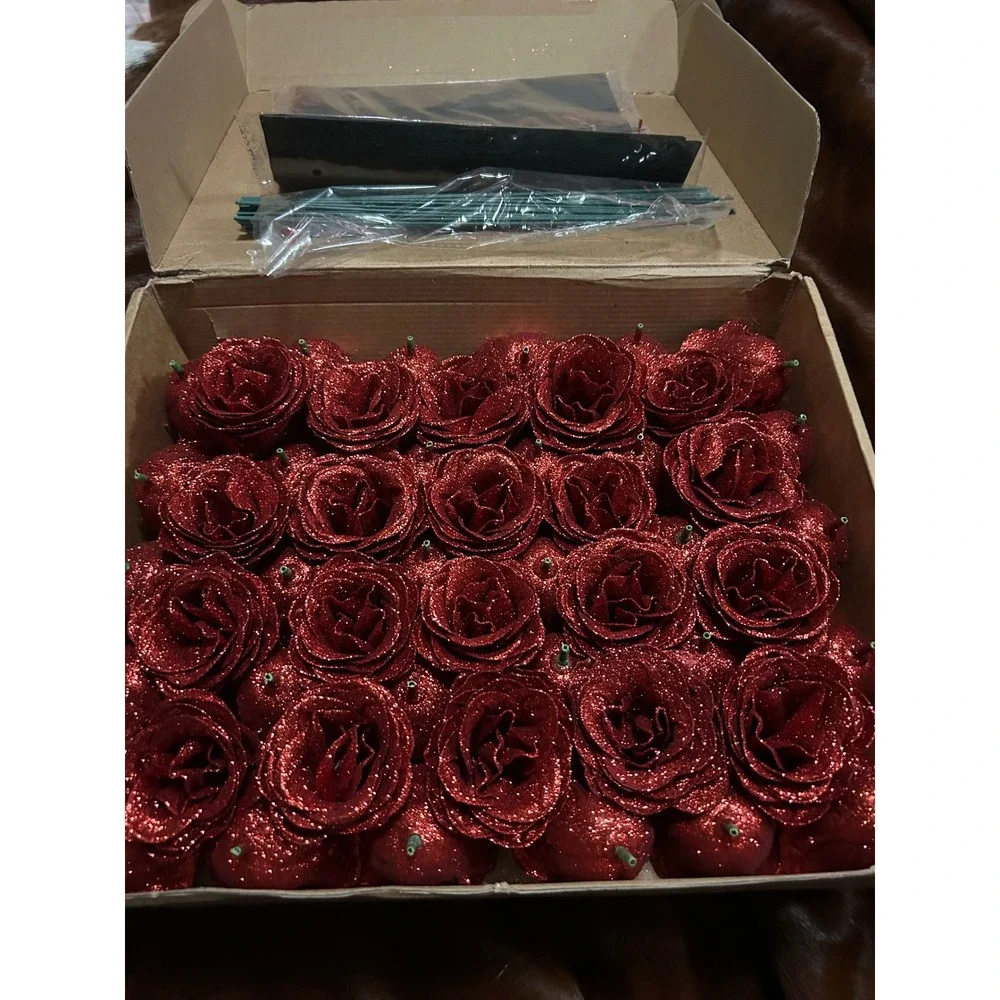 Red Glitter Artificial Rose Flower Heads DIY Bouquet Kit with Stems & Bag 50 pcs